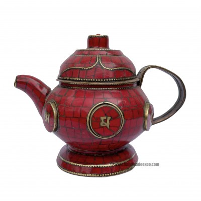 Tibetan Tea And Water Offering Vessel, [coral Stone And [metal Setting]