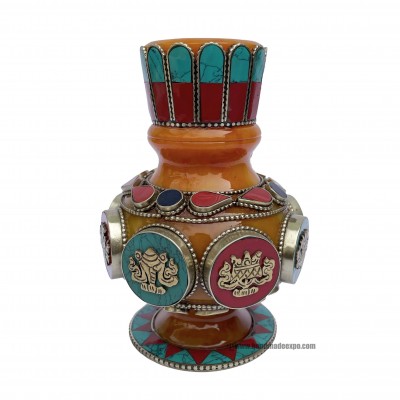 Imitation Amber Flower Vase With [tourquise, Coral And Lapis] And [metal Setting]