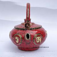 Tibetan Tea And Water Offering Vessel, [coral Stone] And [metal Setting]
