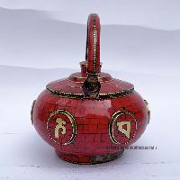 Tibetan Tea And Water Offering Vessel, [coral Stone] And [metal Setting]