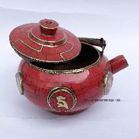 Tibetan Tea And Water Offering Vessel, [coral Stone] And [metal Setting]