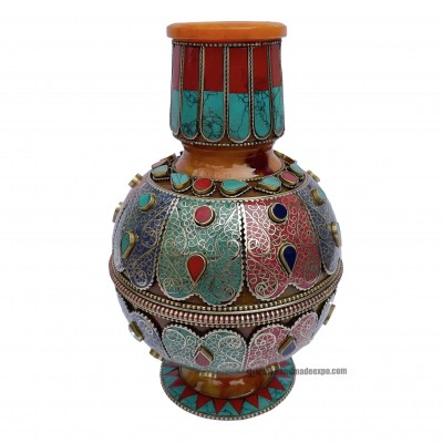 Imitation Amber Flower Vase With [tourquise, Coral And Lapis Stone] And [metal Setting]