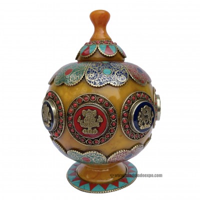 Imitation Amber Dophor, Nesi, Vessel For Offering Rice With Ashta Manga And [stone And [metal Setting]
