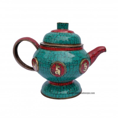 Tibetan Tea And Water Offering Vessel, [coral And Turquoise Stone] And [metal Setting]