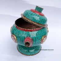 Tibetan Tea And Water Offering Vessel, [coral And Turquoise Stone] And [metal Setting]