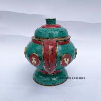 Tibetan Tea And Water Offering Vessel, [coral And Turquoise Stone] And [metal Setting]