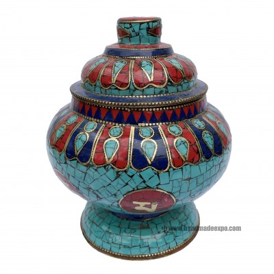 Imitation Amberdophor, Nesi, Vessel For Offering Rice,with [tourquise, Coral And Lapis Setting]