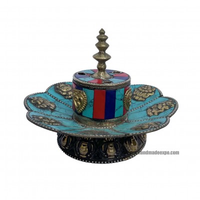 Hand Beaten Metal Dhakya Cup, [tourquise, Coral And Lapis Stone Setting]