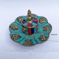 Hand Beaten Metal Dhakya Cup, [tourquise, Coral And Lapis Stone Setting]