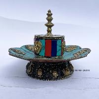 Hand Beaten Metal Dhakya Cup, [tourquise, Coral And Lapis Stone Setting]