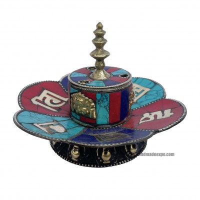 Hand Beaten Metal Dhakya Cup, [tourquise, Coral And Lapis Stone Setting]