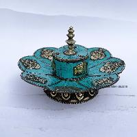 Hand Beaten Metal Dhakya Cup, [blue [stone Setting] Turquoise]