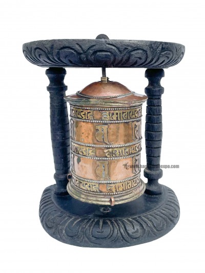 Brass Prayer Wheel On Wooden Frame [small], With Mantra Inside, Wall Mountable
