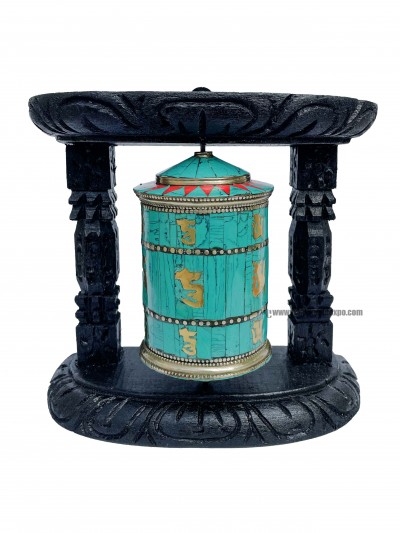 Brass Prayer Wheel On Wooden Frame [big, With Tourquise Stone Setting], With Mantra Inside, Wall Mountable