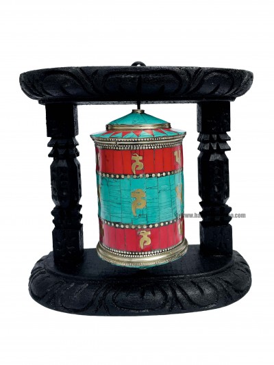 Brass Prayer Wheel On Wooden Frame [big, With Tourquise, Coral And Lapis Stone Setting], With Mantra Inside, Wall Mountable