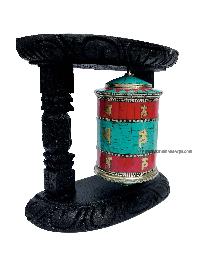 Brass Prayer Wheel On Wooden Frame [big, With Tourquise, Coral And Lapis Stone Setting], With Mantra Inside, Wall Mountable