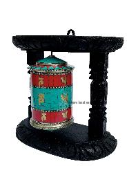 Brass Prayer Wheel On Wooden Frame [big, With Tourquise, Coral And Lapis Stone Setting], With Mantra Inside, Wall Mountable
