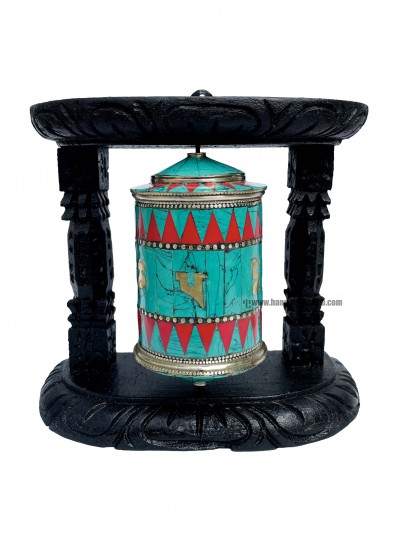 Brass Prayer Wheel On Wooden Frame [big, Withtourquise, Coral And Lapis Stone Setting], With Mantra Inside, Wall Mountable