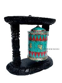 Brass Prayer Wheel On Wooden Frame [big, Withtourquise, Coral And Lapis Stone Setting], With Mantra Inside, Wall Mountable