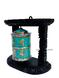 Brass Prayer Wheel On Wooden Frame [big, With Tourquise Stone Setting], With Mantra Inside, Wall Mountable