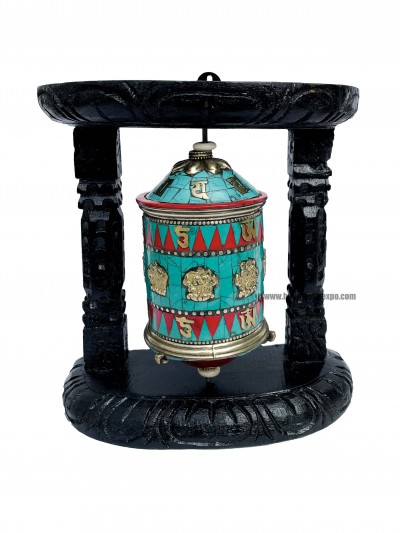 Brass Prayer Wheel On Wooden Frame [big, With Tourquise, Coral And Lapis Stone Setting], With Mantra Inside, Wall Mountable