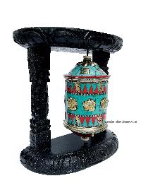 Brass Prayer Wheel On Wooden Frame [big, With Tourquise, Coral And Lapis Stone Setting], With Mantra Inside, Wall Mountable