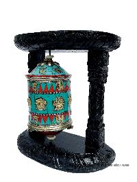 Brass Prayer Wheel On Wooden Frame [big, With Tourquise, Coral And Lapis Stone Setting], With Mantra Inside, Wall Mountable