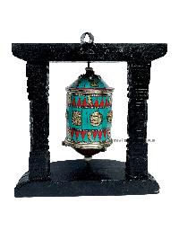 Brass Prayer Wheel On Wooden Frame [big, With Tourquise, Coral And Lapis Stone Setting], With Mantra Inside, Wall Mountable
