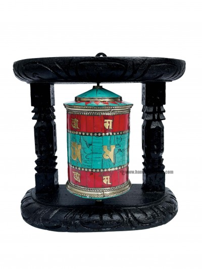 Brass Prayer Wheel On Wooden Frame [big, With Tourquise And Coral Stone Setting], With Mantra Inside, Wall Mountable