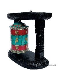 Brass Prayer Wheel On Wooden Frame [big, With Tourquise And Coral Stone Setting], With Mantra Inside, Wall Mountable