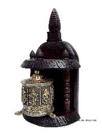 Brass Prayer Wheel On Wooden Frame [stupa Design], With Mantra Inside, Wall Mountable