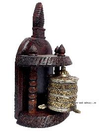 Brass Prayer Wheel On Wooden Frame [stupa Design], With Mantra Inside, Wall Mountable