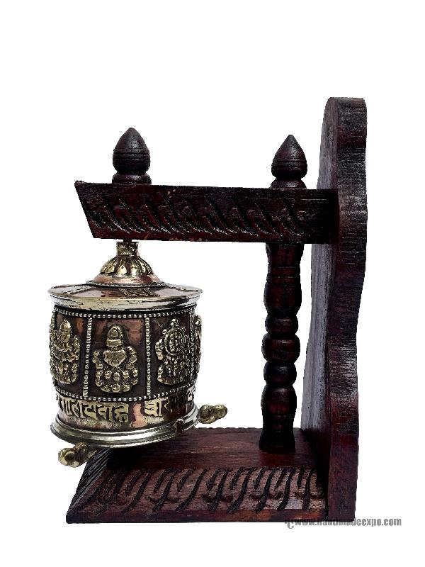 Brass Prayer Wheel On Wooden Frame, With Mantra Inside, Wall Mountable