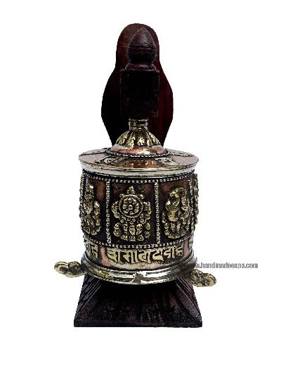 Brass Prayer Wheel On Wooden Frame, With Mantra Inside, Wall Mountable