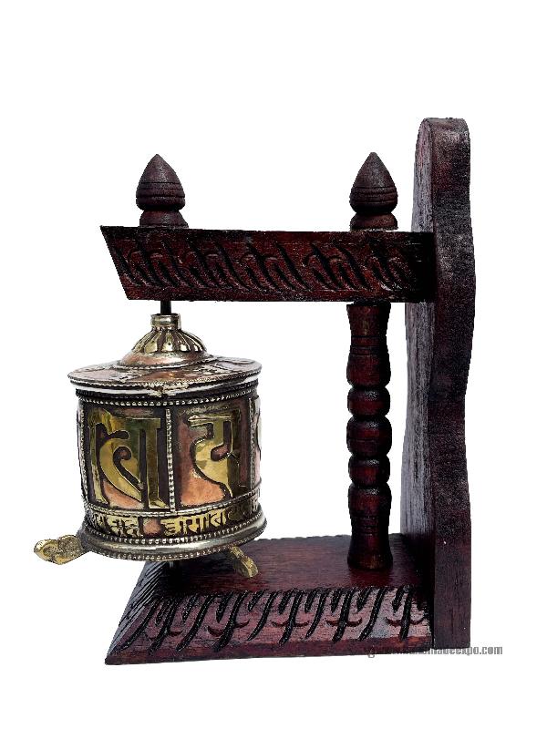 Brass Prayer Wheel On Wooden Frame, With Mantra Inside, Wall Mountable
