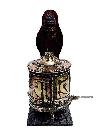 Brass Prayer Wheel On Wooden Frame, With Mantra Inside, Wall Mountable