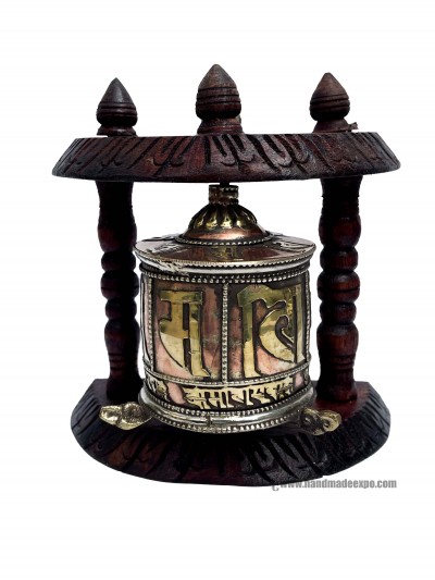 Brass Prayer Wheel On Wooden Frame, With Mantra Inside, Wall Mountable