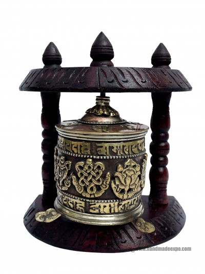 Brass Prayer Wheel On Wooden Frame, With Mantra Inside, Wall Mountable
