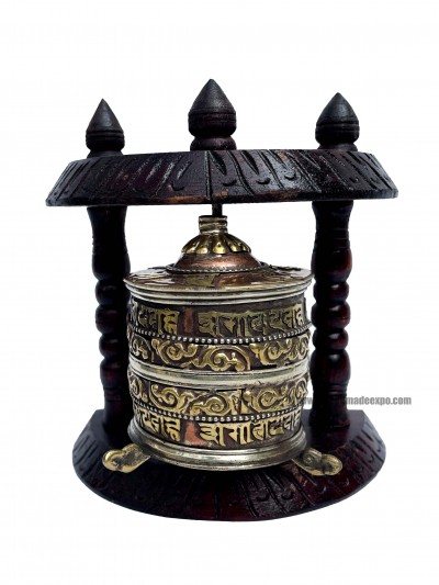 Brass Prayer Wheel On Wooden Frame, With Mantra Inside, Wall Mountable