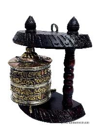 Brass Prayer Wheel On Wooden Frame, With Mantra Inside, Wall Mountable