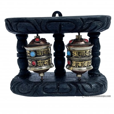 Double Brass Prayer Wheel On Wooden Frame, With Mantra Inside, Wall Mountable