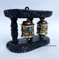 Double Brass Prayer Wheel On Wooden Frame, With Mantra Inside, Wall Mountable