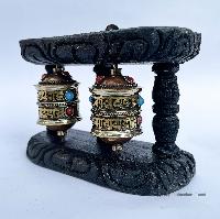 Double Brass Prayer Wheel On Wooden Frame, With Mantra Inside, Wall Mountable