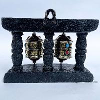 Double Brass Prayer Wheel On Wooden Frame, With Mantra Inside, Wall Mountable