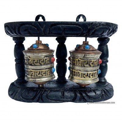 Double Brass Prayer Wheel On Wooden Frame, With Mantra Inside, Wall Mountable