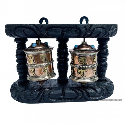Double Brass Prayer Wheel On Wooden Frame, With Mantra Inside, Wall Mountable