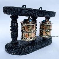 Double Brass Prayer Wheel On Wooden Frame, With Mantra Inside, Wall Mountable
