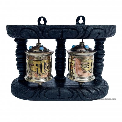 Double Brass Prayer Wheel On Wooden Frame, With Mantra Inside, Wall Mountable