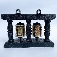Double Brass Prayer Wheel On Wooden Frame, With Mantra Inside, Wall Mountable