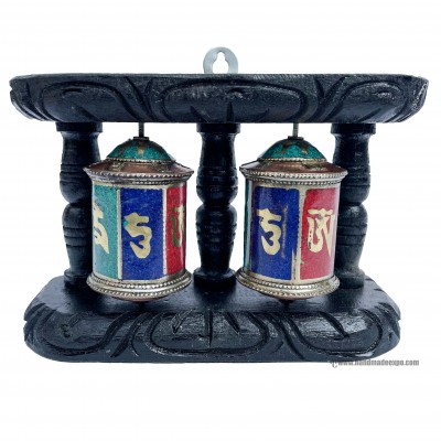 Double Brass Prayer Wheel On Wooden Frame, With Mantra Inside, [stone Setting], Wall Mountable